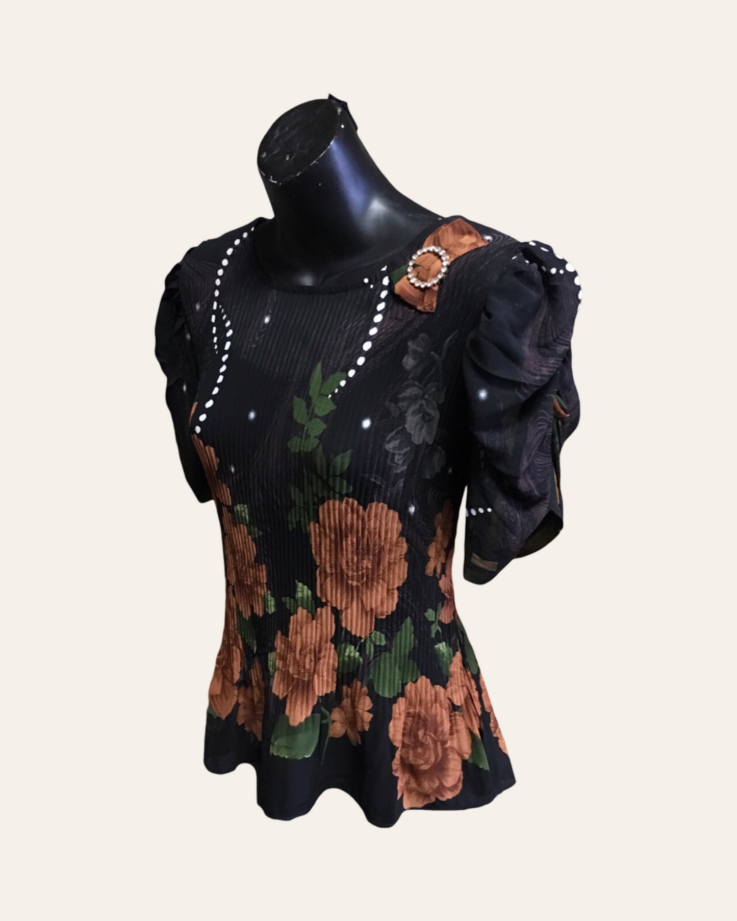 Black Floral Pleated Top