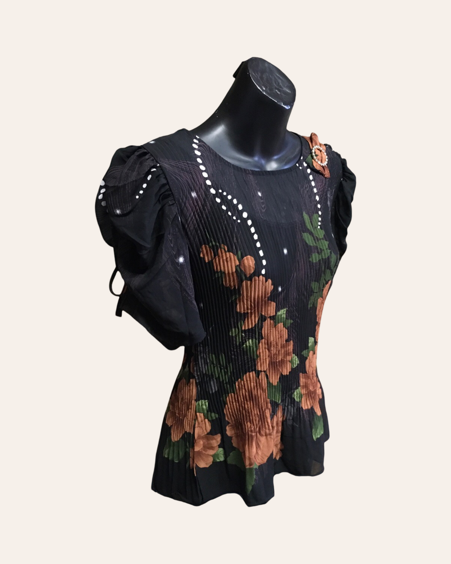 Black Floral Pleated Top