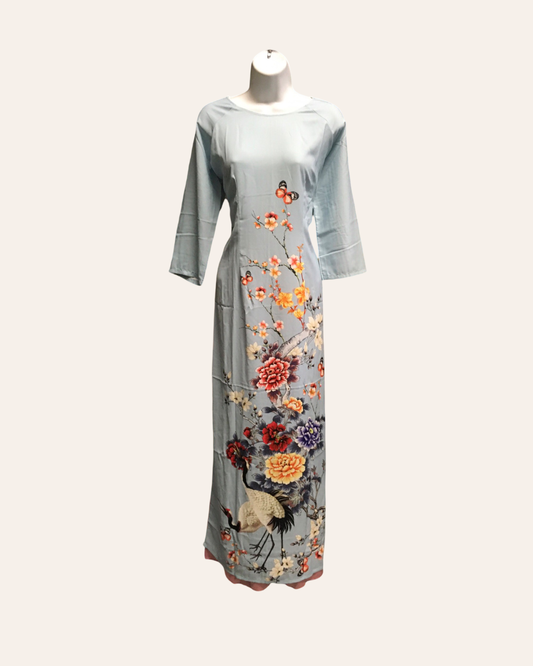 Blue Ao Dai with Birds and Flowers