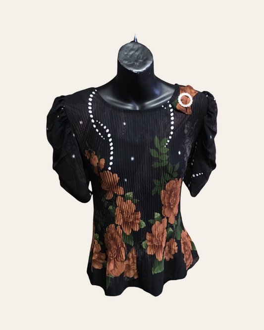 Black Floral Pleated Top