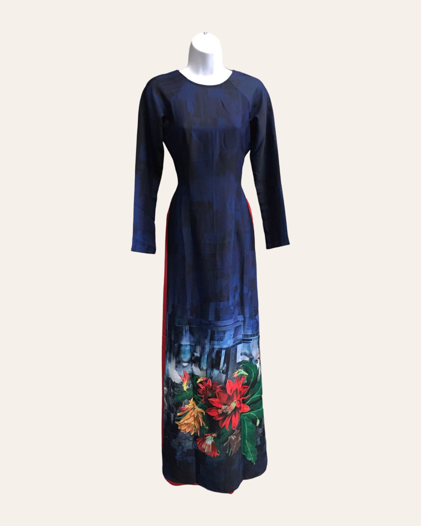 Navy Blue Tropical Flower Ao Dai