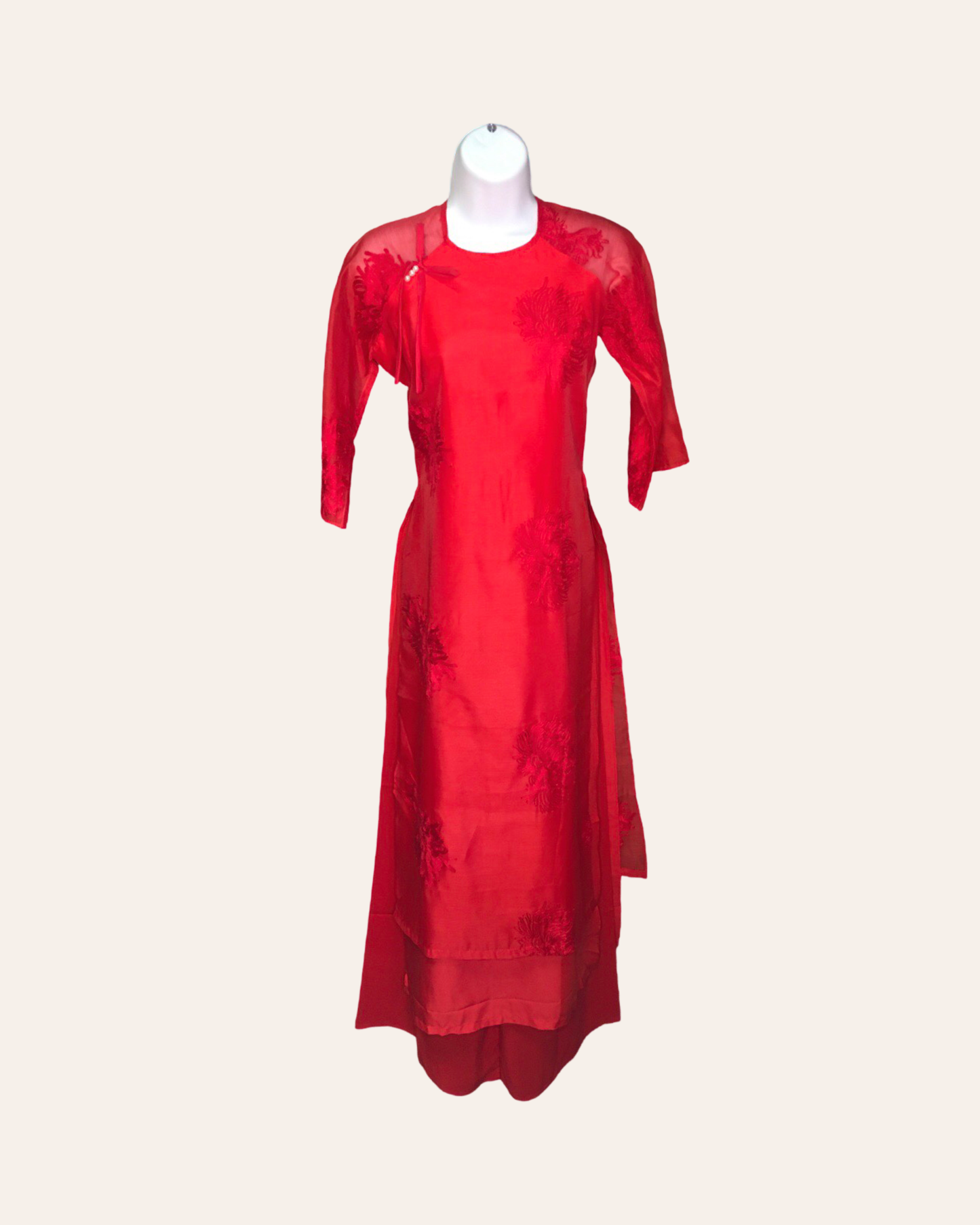 Red Pearly Bow Ao Dai