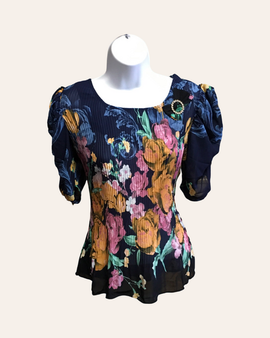 Blue Flower Pleated Top