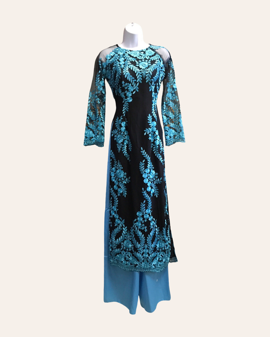 Black & Blue Floral Ao Dai